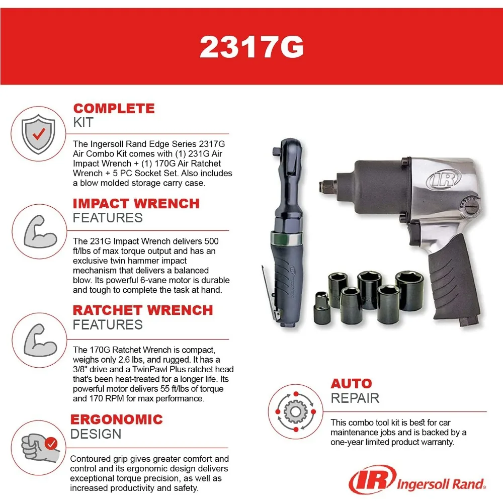 Half-Inch Air Impact Wrench and Eighth-Inch Air Ratchet Kit with Socket Set and Carrying Case