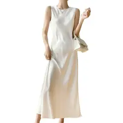 Fashion Elegant Women's Acetate satin Dresses Sexy artificial silk Sleeveless Evening Party Dress Female Robe long maxi Sundress