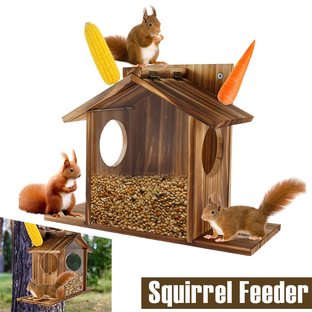 Wooden Squirrel Feeder Large Capacity Squirrel Feeder House with Roof Squirrel Feeding Stations Garden Decor for Corn Peanuts