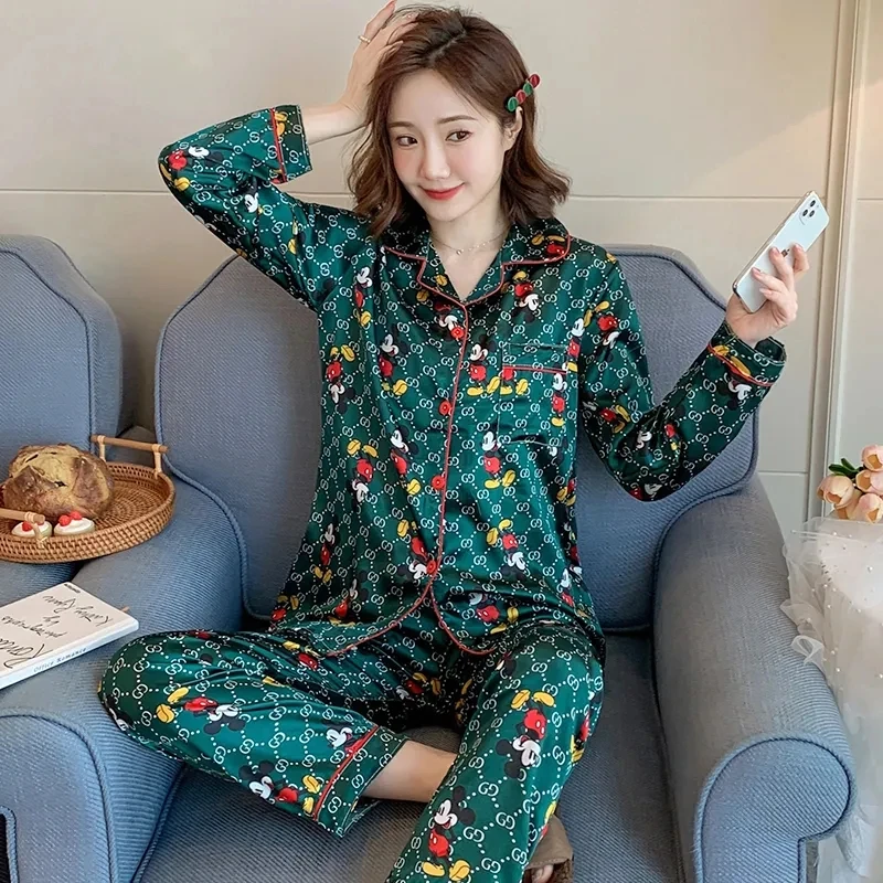 Ice Silk Satin Print Pajama Sets Womens Soft Smooth Long Sleeve Sleepwear 2 Piece Conjunto Spring Loose Pants Loungewear Suits