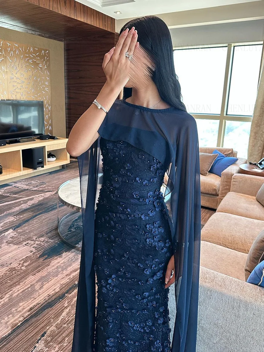 Navy Blue Mermaid Formal Occasion Dresses 2023 O-Neck Long Ball Gowns With Shawl Lace Luxury Evening Party Gowns فساتين الحفلات