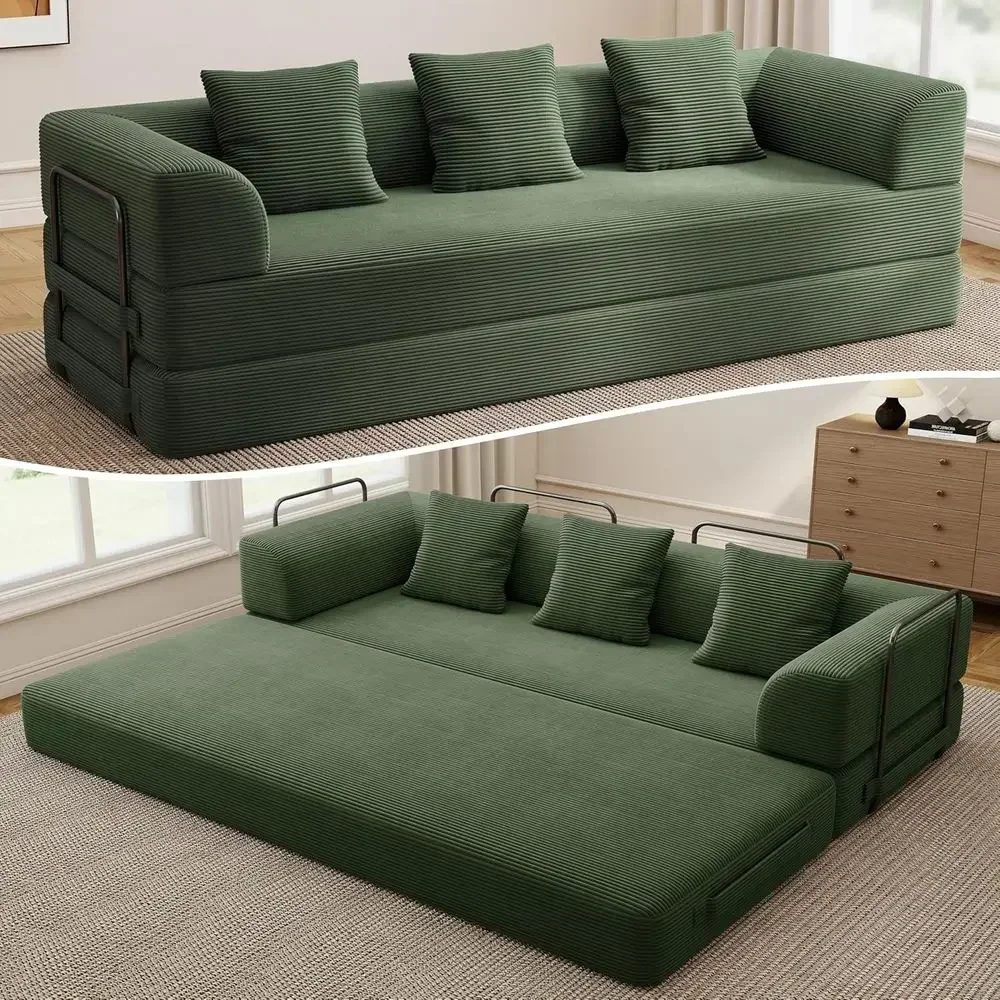 Convertible Sofa Bed with High-Density Foam, Corduroy Fabric, 3-Seater Sleeper Couch for Daybed or Living Room (Green)