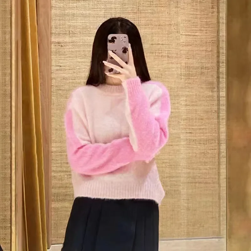 

Women Color Patchwork Sweater O-Neck Long Sleeve Loose Spring 2024 Knitted Pullover