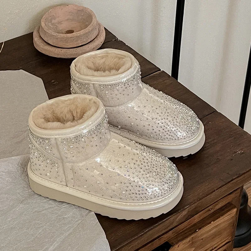 Little Girls Sparkly Rhinestone Winter Snow Boots, Thick Fleece Lined Pull‑On Platform Ankle Boots