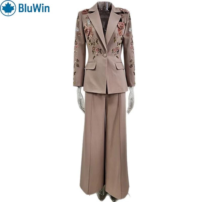 

BluWin Taupe Floral Appliqué Pantsuit – Embroidered Blazer with 3D Blossoms & Wide-Leg Trousers Two-Piece