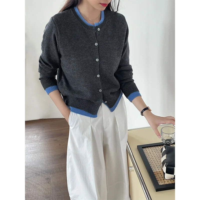 

Короткий вязаный кардиган контрастного цвета, женские топы, осень-зима, корейский шикарный однобортный облегающий свитер с круглым вырезом для женщин