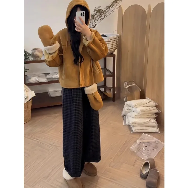 Slimming Effect Tweed Woven Plaid Pants High Waist Loose Drapey Wide Leg Casual Trousers for Women Autumn New Sle