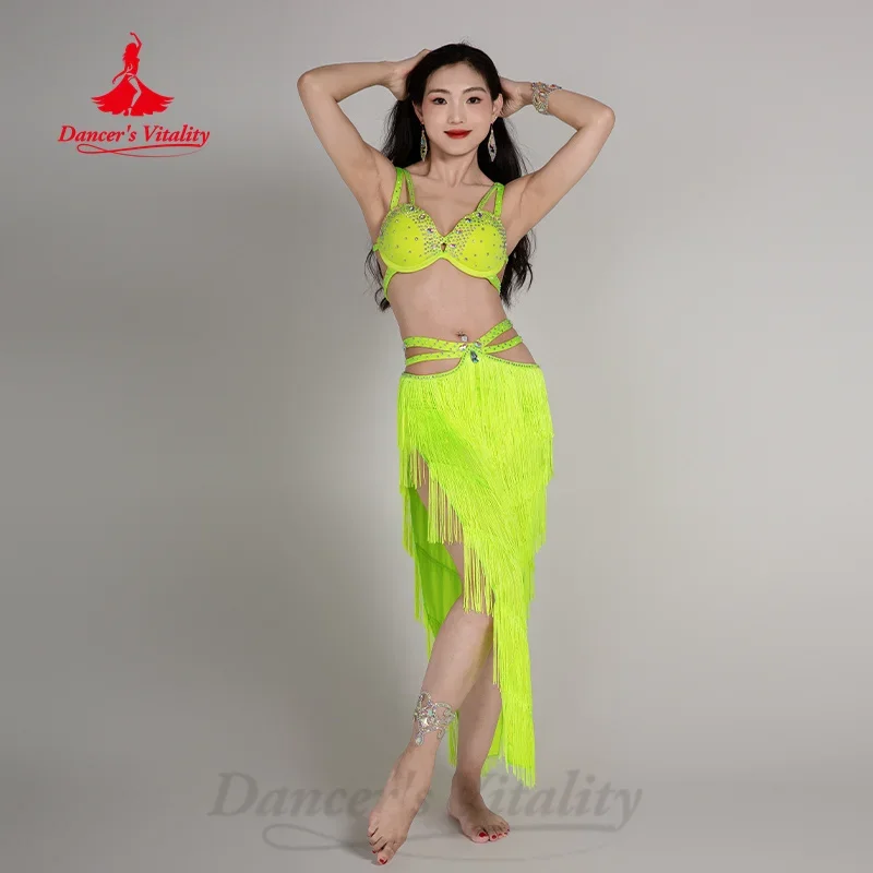 Belly Dancer Performance Costume Customization Senior AB Stones Bra+Tassel Long Skirt 2pcs Adult and Children's Competition Set