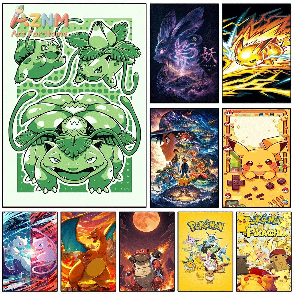 Anime Pokemon Bulbasaur Evolution Canvas Wall Art, Grass‑type Pocket Monster Cartoon Frameless Canvas Painting for Kids Bedroo