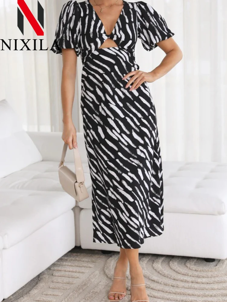 New in Summer Women's Casual Dress A-line High Waist V Neck Sexy Female Boho Midi Dress Puff Sleeve Elegant Party Dress Vintage