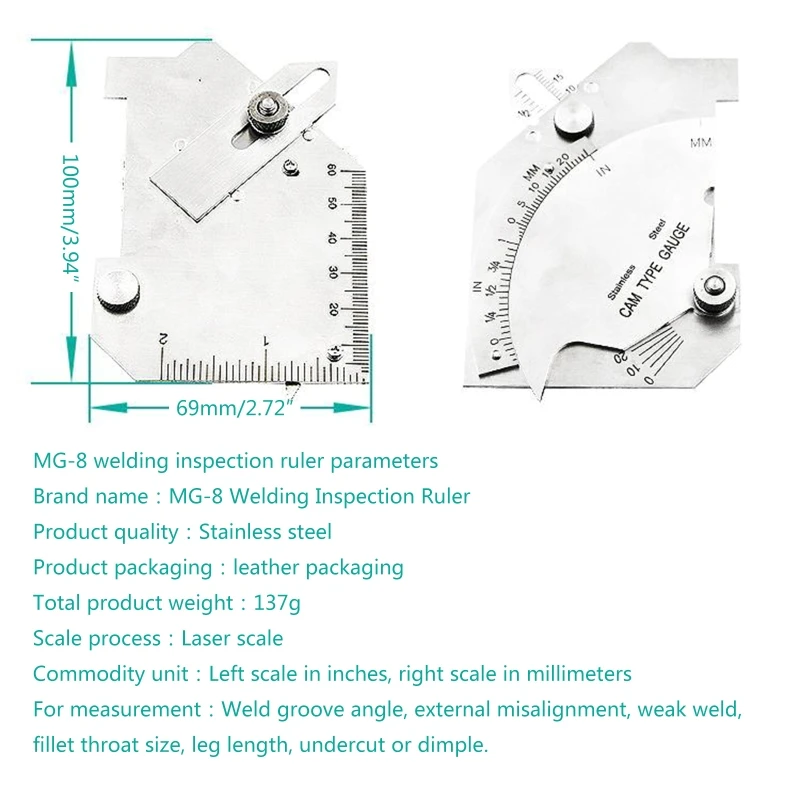 WSND Compact Inch & Metric Bridge Gage Test Ulnar Welding Inspection Gauge Stainless Steel for Welded Surfaces & Joints