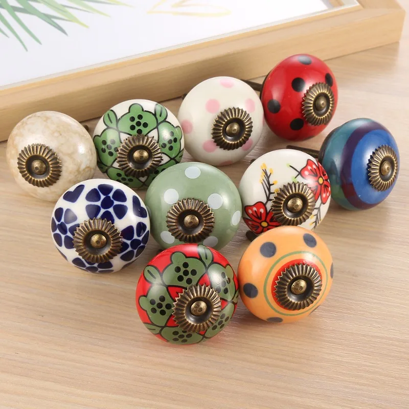 High-temperature Fired Hand-painted Ceramic Pull Handle Solid Wood Furniture Drawer Cabinet Door in European Style Round Handle
