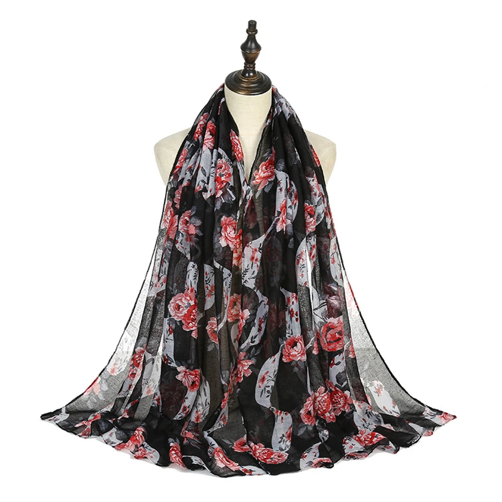 

2022 Fashion Rose Print Scarf Shawls Long Head Floral Hijab Wrap 7 Color Free Shipping