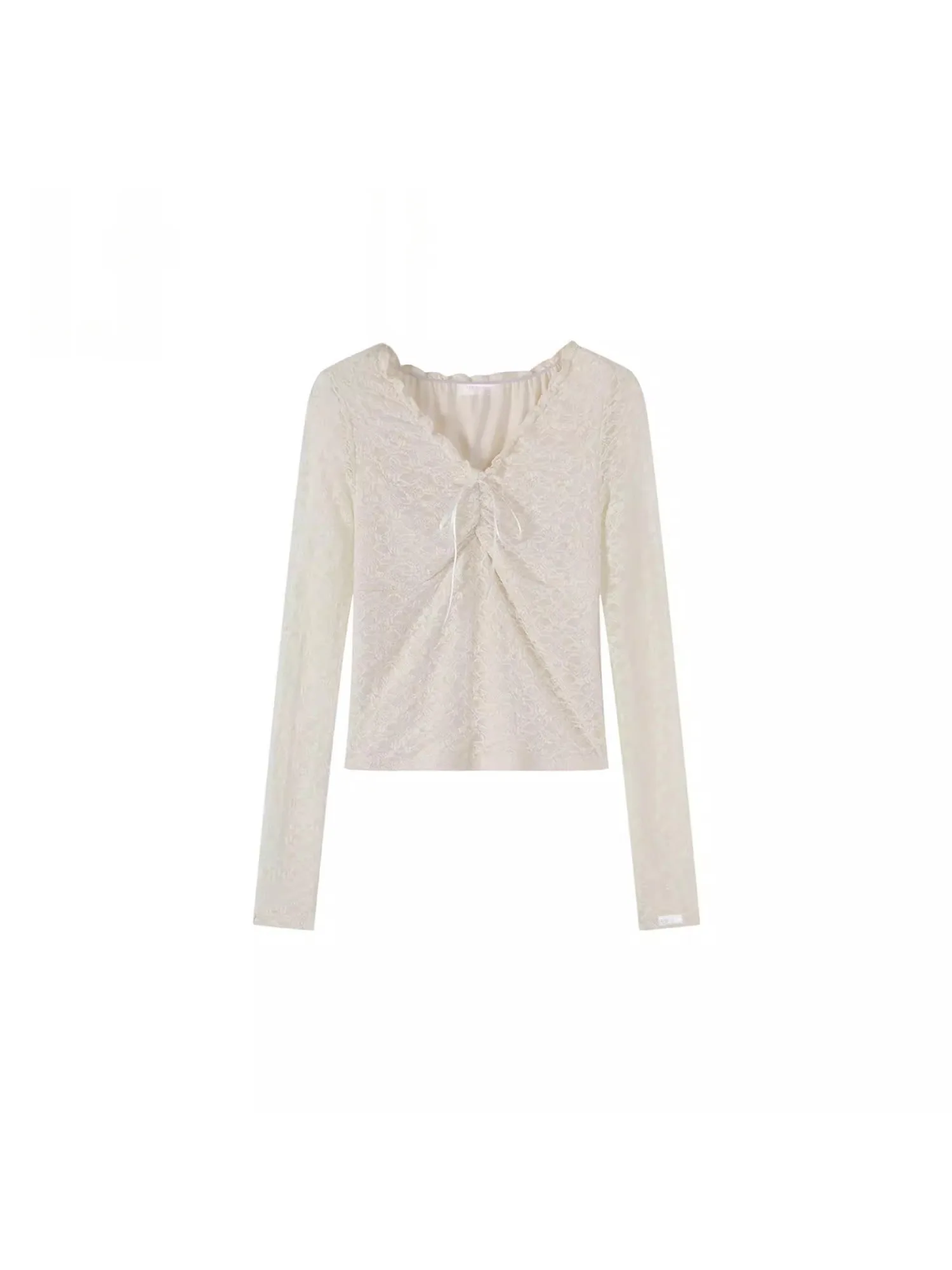 

Ele Deep V-ne Lace Knot Long Sve T-irt Women's Early Spring New Sle Casual Waist-cinching Polyester Fiber