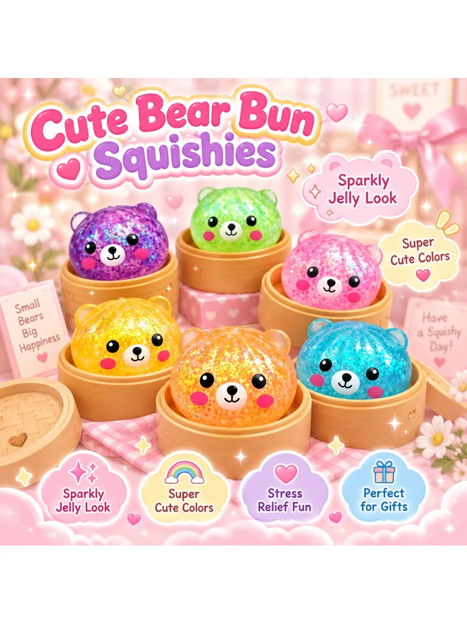 Mehrfarbiger Bären-Bun, Squishy, schneller Rückprall, weich, zum Quetschen, Fidget, sensorisches Stressabbau-Spielzeug, taktil, Schreibtisch-Spielzeug, Cartoon-Neuheit, Geschenkset
