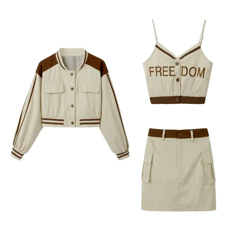 Baseball Uniform 2024 Spring Summer Short Jacket Letter Vest Crop Top Mini Skirts 1 or Three Pirce Set Fashion Coat Sling Outfit