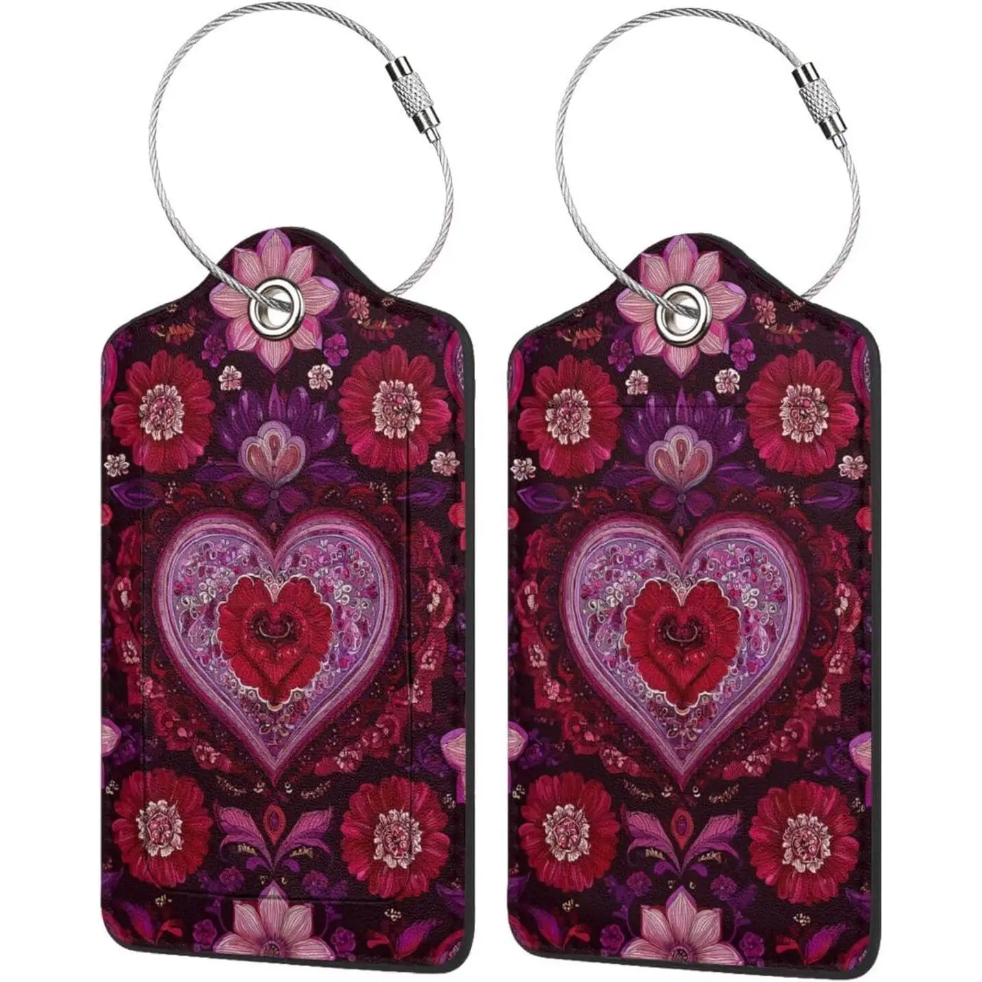 

Valentine's Day Mandala Heart Flower Luggage Tag Leather with Stainless Steel Loop for Suitcases Travel