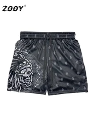 ZOOY (L-9XL) Men's Plus Size Skull Color-Block Poker Print Lace-Up Basketball Athletic Shorts