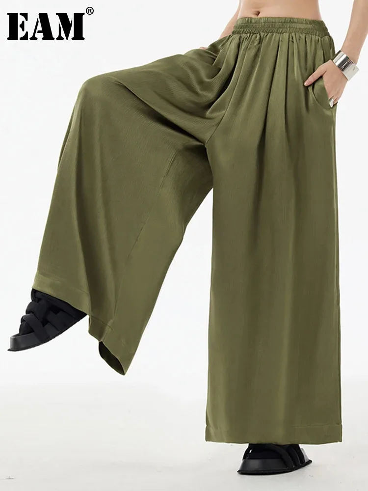 

[EAM] High Elastic Waist Army Green Brief Wide Leg Casual Long Pants New Trousers Women Fashion Tide Spring Autumn 2024 1DH5776