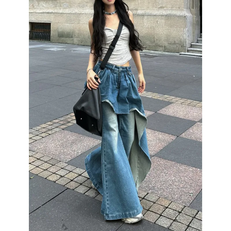 

Slightly fat Spice Girl design sense irregular splicing jeans autumn and winter new fake two-piece thin flared pants