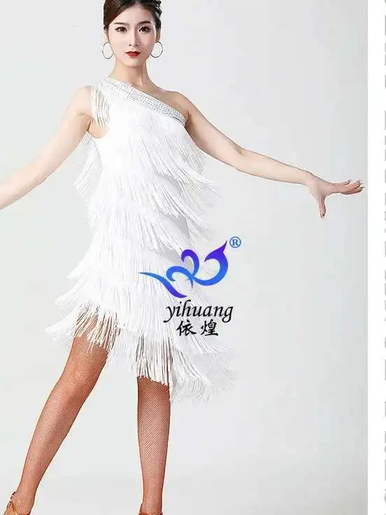 Costume da spettacolo di danza latina Abito da ballo con nappe Abito da ballo di danza del ventre Chacha Abito da competizione teatrale Abito da ballo con spalla inclinata