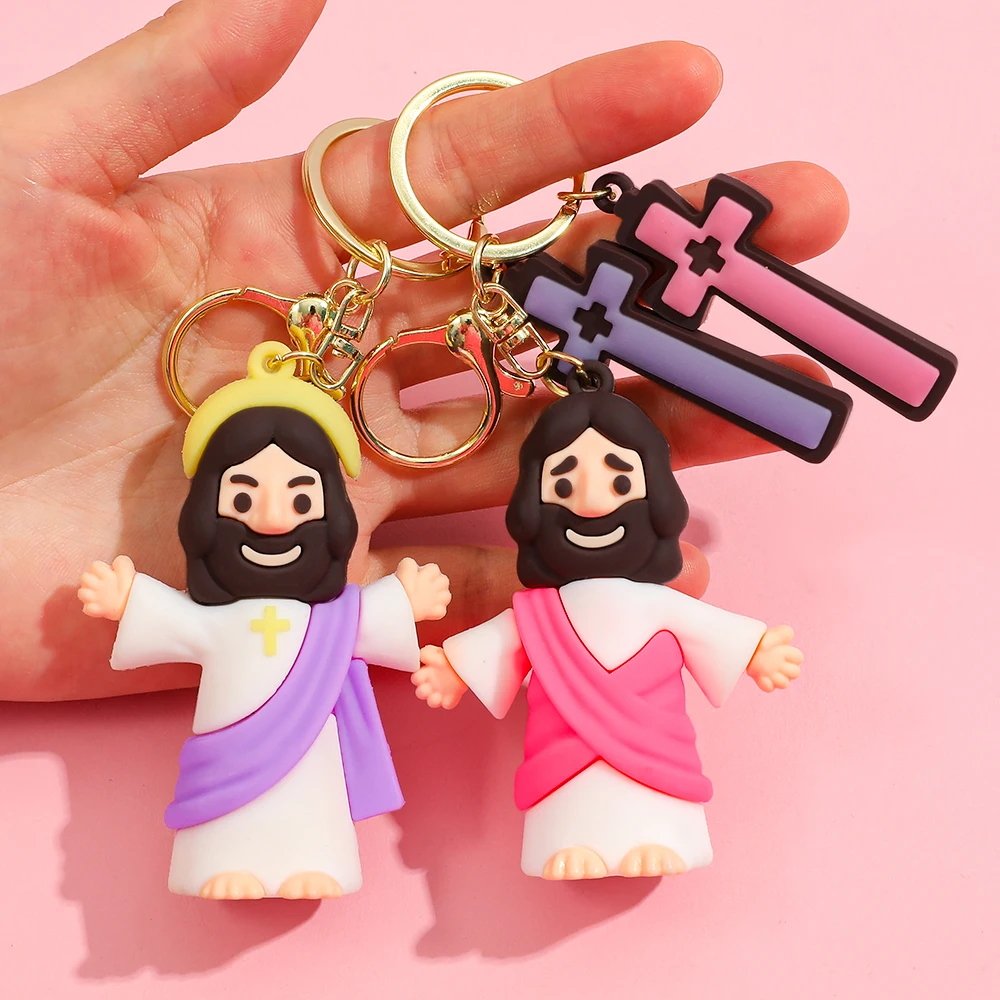 سلسلة مفاتيح على شكل شخصية يسوع PVC مع صليب، سلسلة مفاتيح هدية مسيحية بتصميم صليب ثلاثي الأبعاد، حلقة مفاتيح لمرآة السيارة هدية دراسة الكتاب المقدس #4