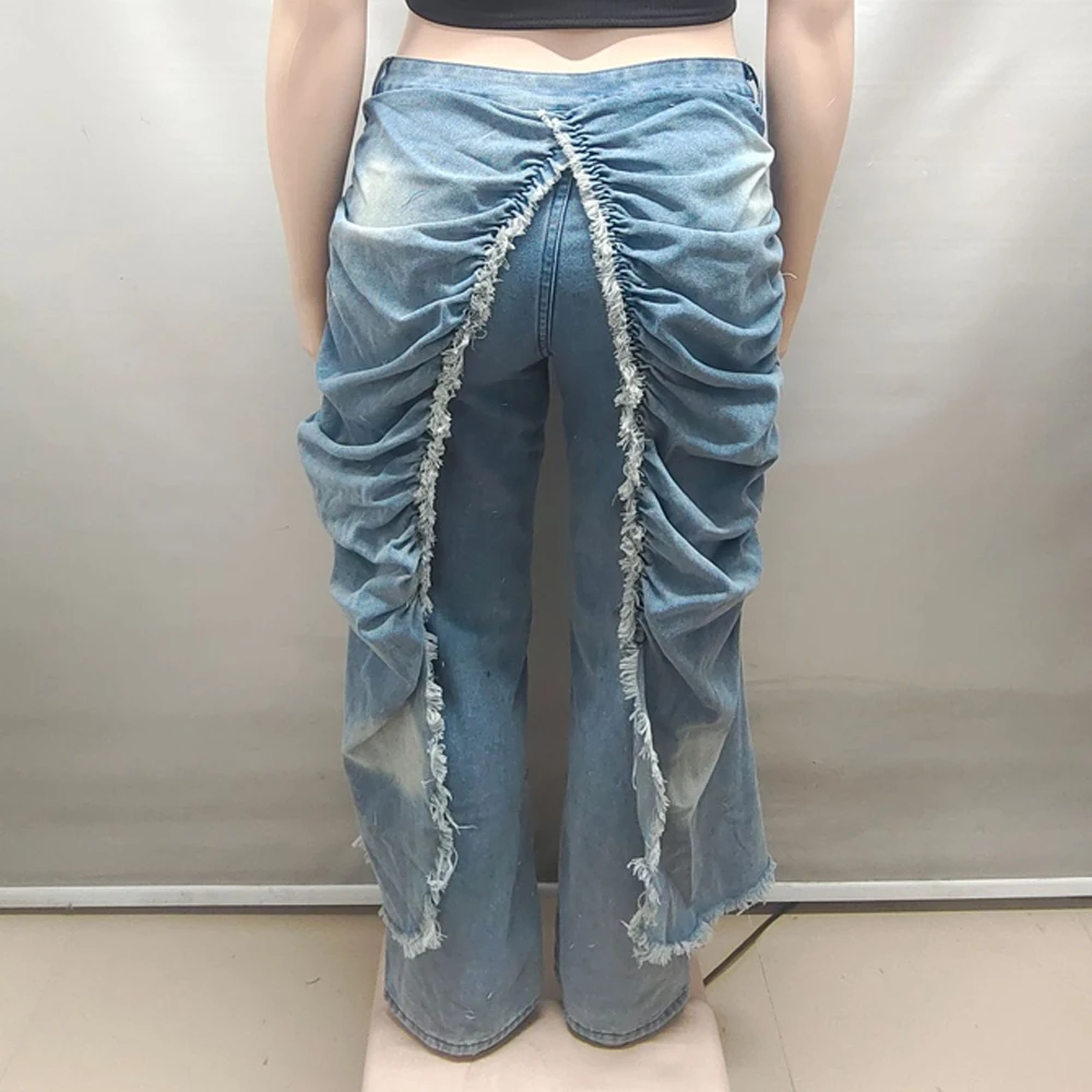 Coole Streetwear 2026 Trendige Lässige Gewaschene Hosen Jeans Damen Denim Rüschen Geraffte Drapierte Cargo-Hosen Einfarbige Damenjeans – Detail 8
