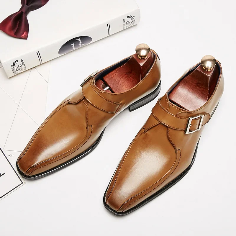 Men's Fashion Vintage Buckle Derby Shoes Men Leather Dress Shoes Wedding Party Shoes Mens Business Office Oxfords Slip-On Flats