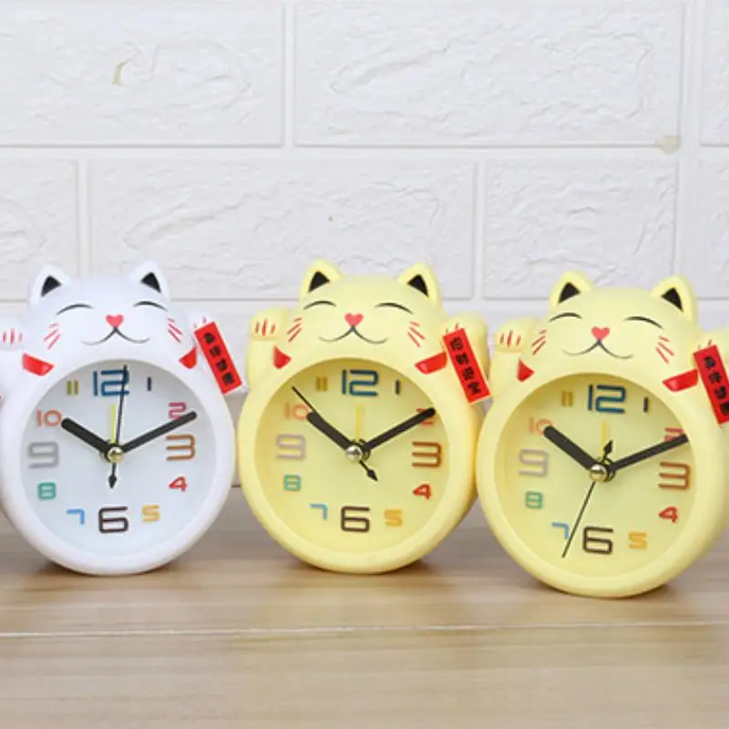 1/2 Piezas de Reloj Despertador con Diseño de Gato de la Suerte, Mini Decoración de Mesa de Plástico, Regalo Creativo para Estudiantes