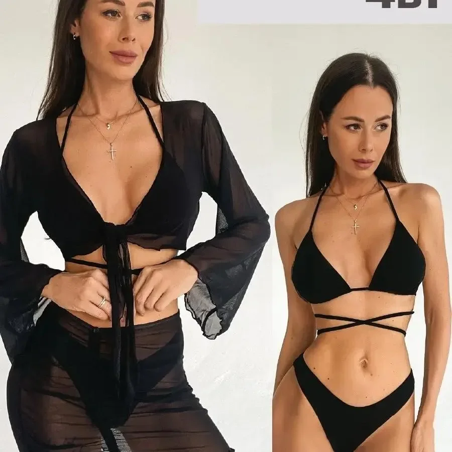 الصلبة الأسود ملابس السباحة المرأة مثير مجموعة البكيني المرأة شبكة طويلة الأكمام التستر مع تنورة 4 قطعة البيكينيات ثوب السباحة ملابس السباحة