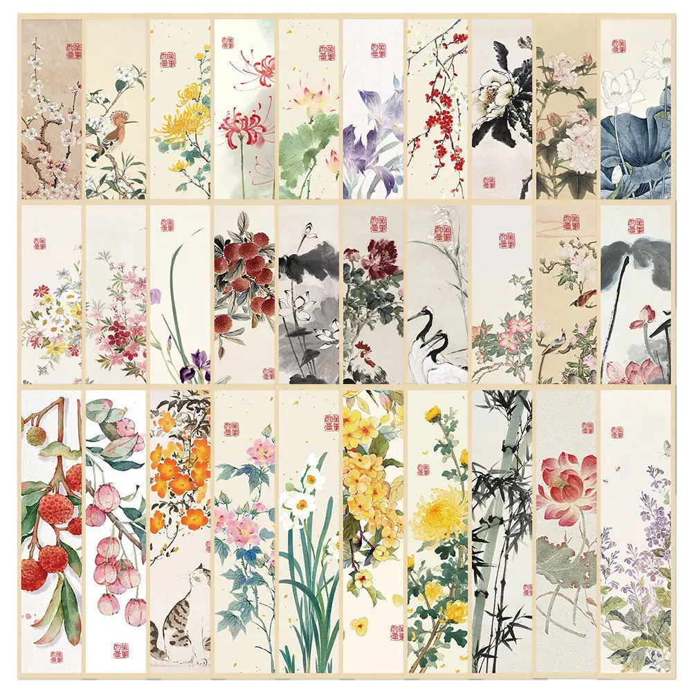 30pcs Chinese Style Floral Bookmarks Beautiful Ancient Floral Bookmarks Rectangular Paper Bookmarks