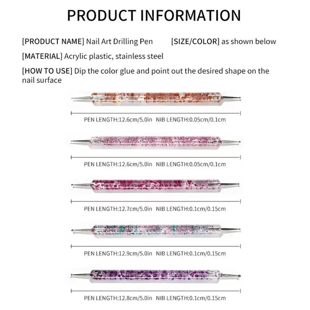 Conjunto de canetas pontilhadas para arte em unhas, 5 peças, eixo de cristal de strass de duas cabeças, desenho colorido, caneta de flores, ferramentas para arte em unhas