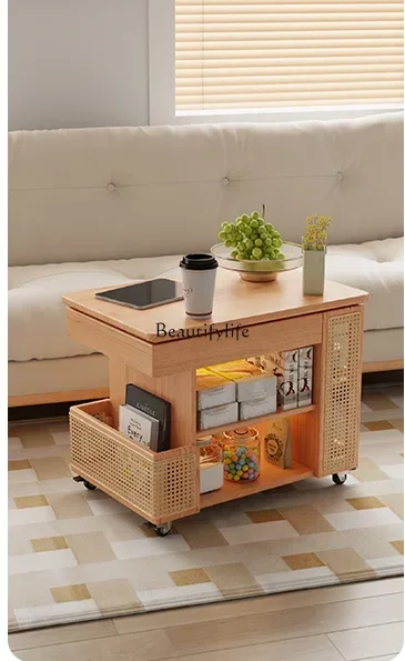 yj58 Solid Wood Lifting Tea Table with Wheels Movable Trolley Household Rotating Side Table