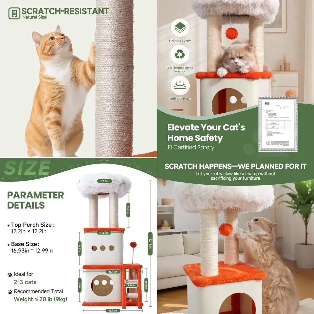 

Indoor Cat Tree Tower with Dual Condos, Plush House, Padded Perch, Scratching Ladder, and Balls - Orange