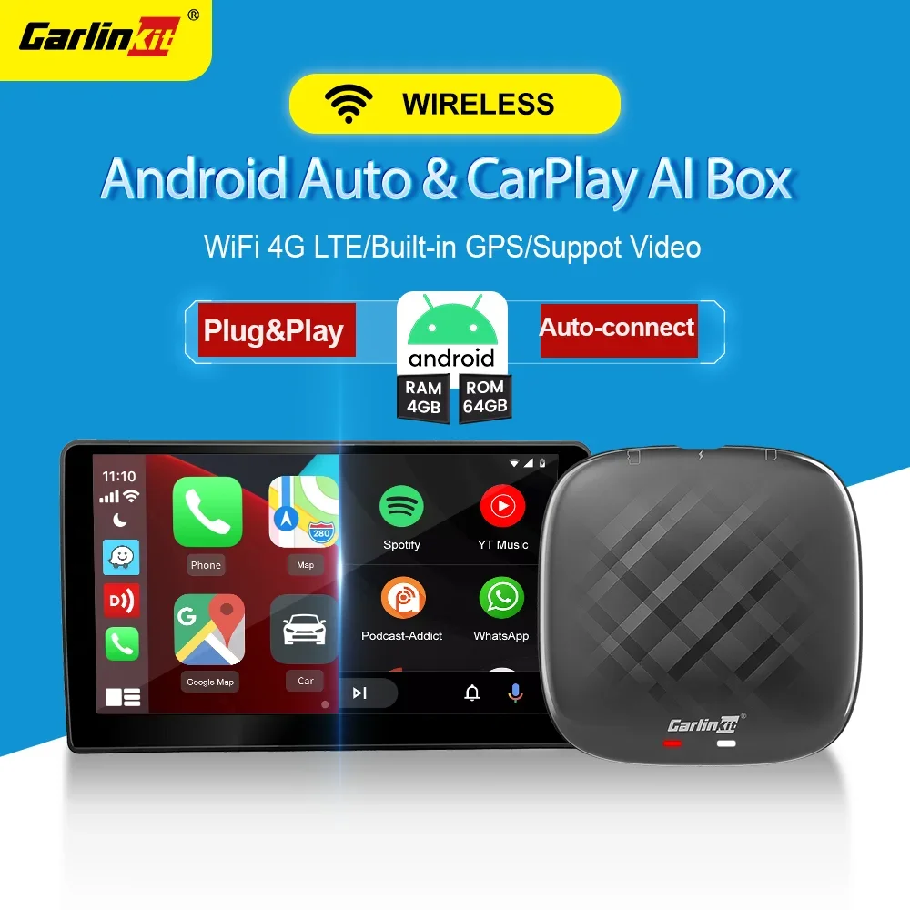 CarlinKit CarPlay Ai Box 2.4G&5Ghz WiFi Wireless Android Auto CarPlay Adapter Built-in GPS Play Store YouTube Android 11 TV Box