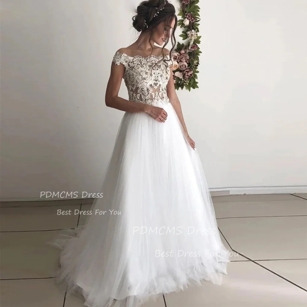 

Simple A Line Wedding Dresses Cap Sleeve Appliques Boat Neck Bridal Gowns Lace Tulle Bride Dress Sexy Princess vestido de noiva