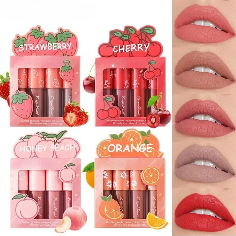 * 4 unids/set Mini juego de esmalte de labios mate, esmalte de labios de fruta antiadherente que no se decolora, barras de labios líquidas de larga duración, cosméticos de maquillaje impermeables