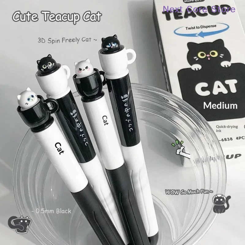 

0.5mm Fun Animal Quick Dry Pen Cute Teacup Cat Gel Pens Creative Rotating Cat Pocket Pen For School & Office Use