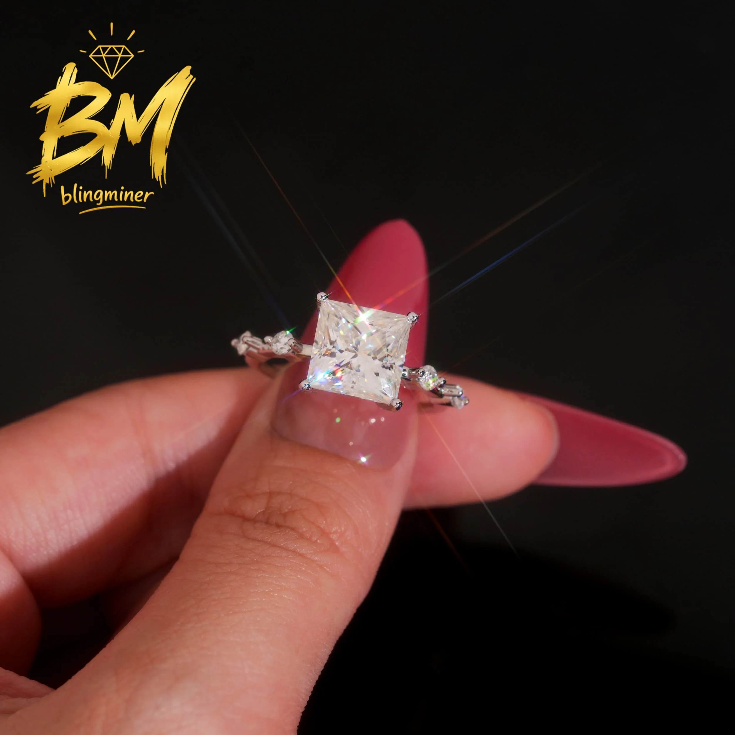 Blingminer Luxury 9x9mm 4ct Princess Cut S925 Silver VVS Moissanite Rings Engagement Wedding Women Finger Jewelry Pass Diamonds