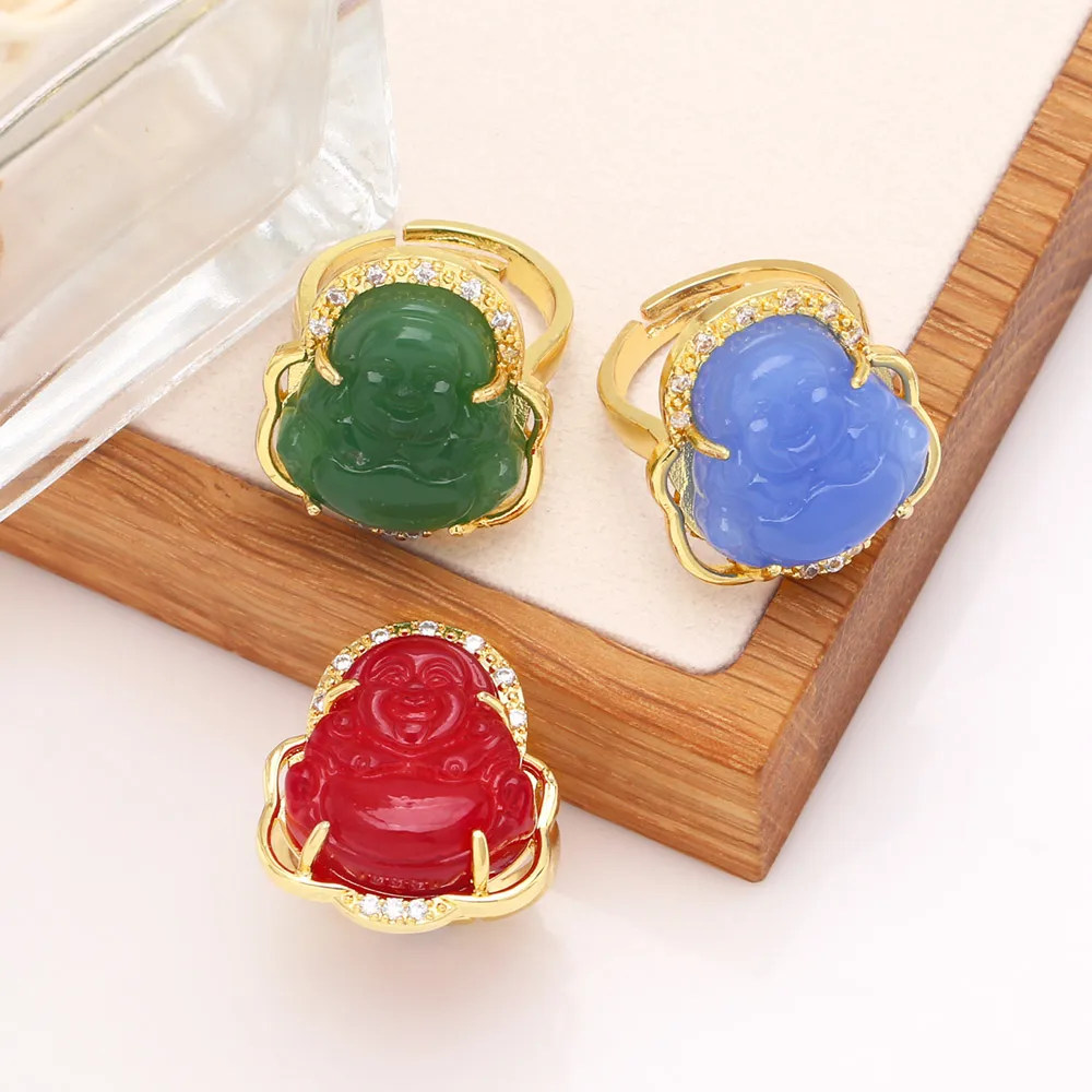 Clearance Glass Maitreya Buddha Ring for Women Copper Gold Plated Multiple Color Open Rings Buda anillos mujer rigr22 view 3