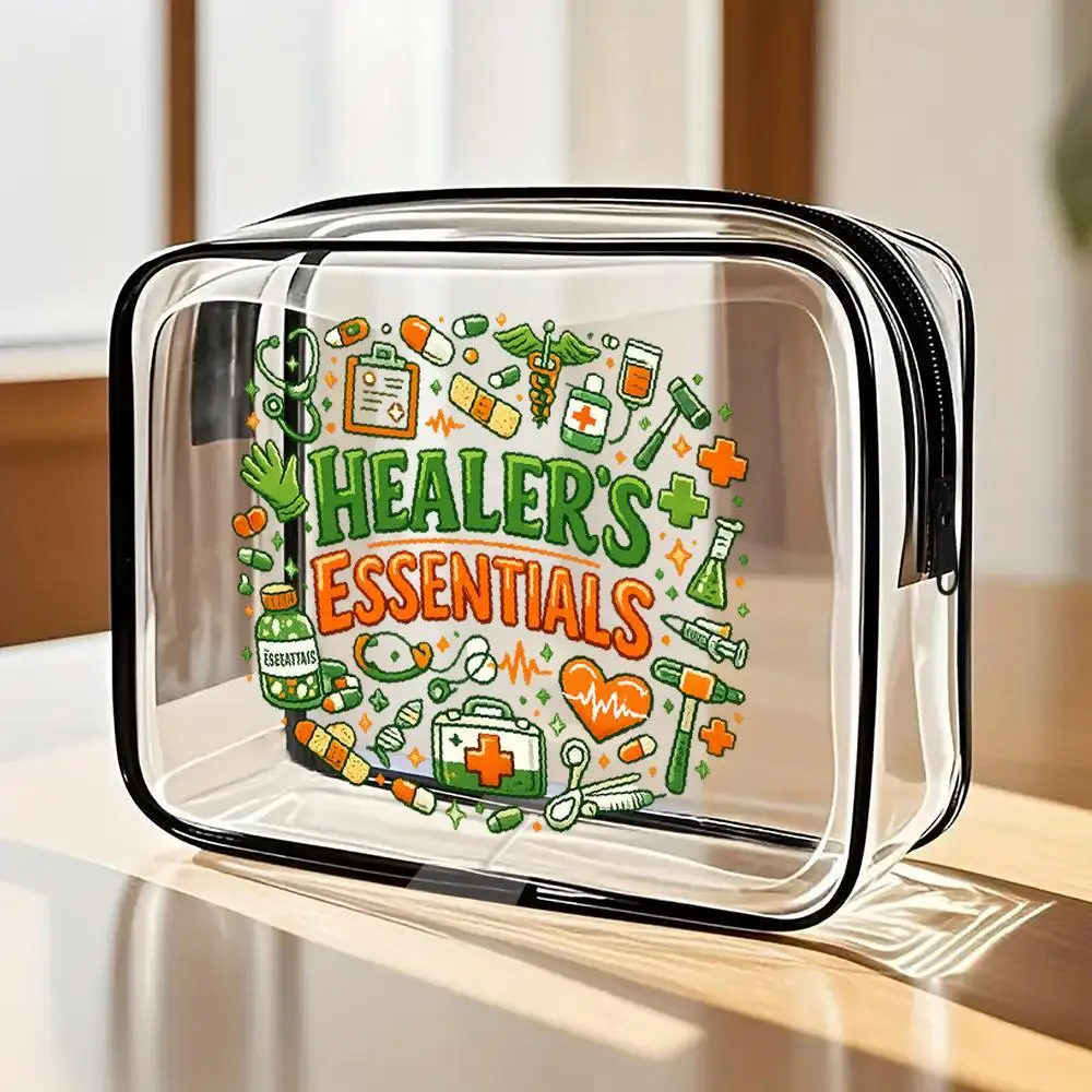 Toiletries Bags Symbols Clear Zipper Pvc Makeup Bags Organizer Cartoonish Green Orange Handdrawn Design Portable Transparent Cos