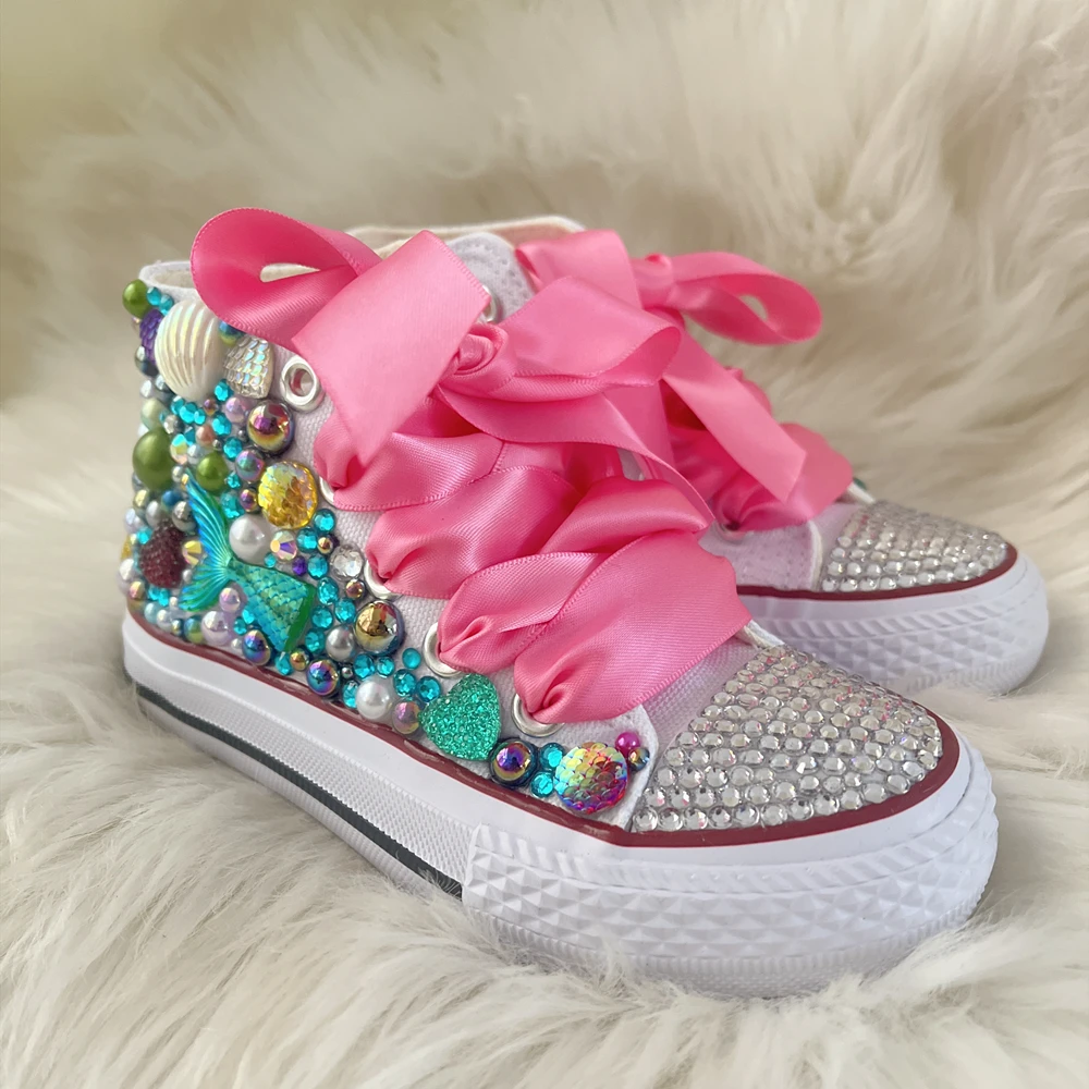 Dollbling Shell Simulation DIY Bling Handmade Shoes Canvas Mermaid Theme Kids High Top Pearls Sneakers Under the Sea Shoes