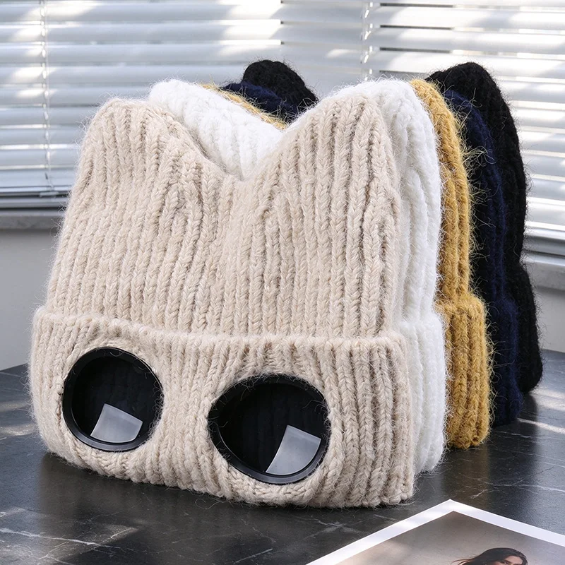 Cute Cat Ear Knitted Beanie Hat With Goggles Women Winter Warm Windproof Skullcap Fashion Y2K Streetwear Knit Cap Outdoor Sports