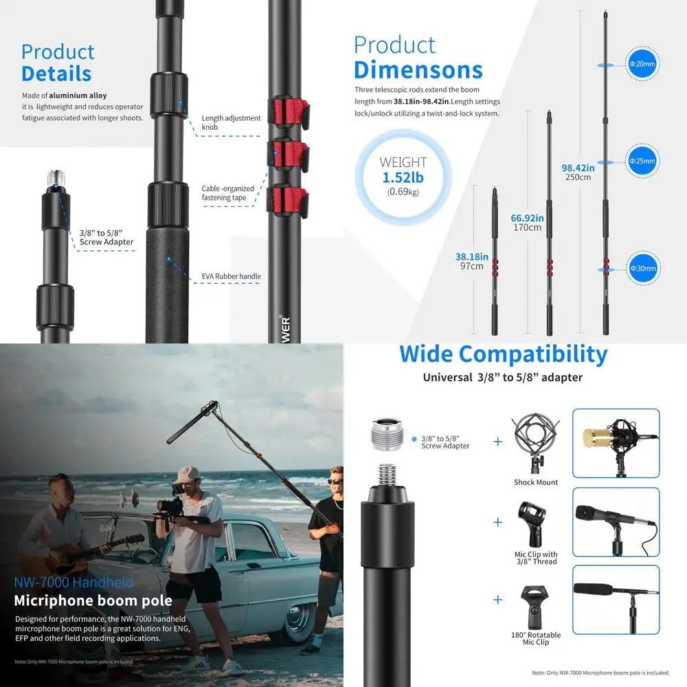 

Adjustable 3-Section Microphone Boom Arm, 3/8 to 5/8 Adapter, 3t-8t Range, Auxiliary Feature