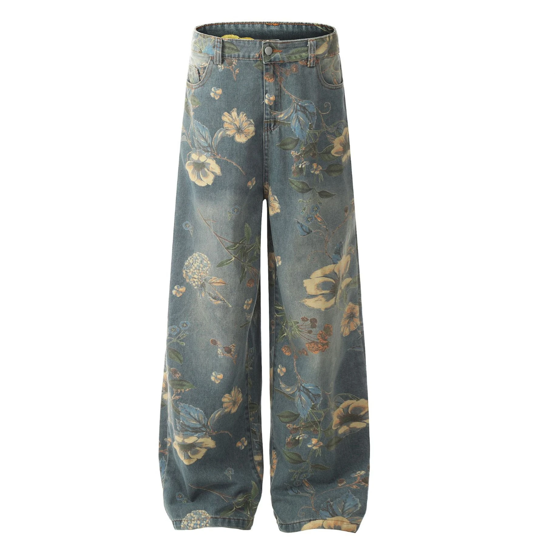 

2025 New Floral Print Jeans Women Streetwear Vintage Distress Denim Jeans Y2k Baggy Patns Fashion Women Bottoms Trousers