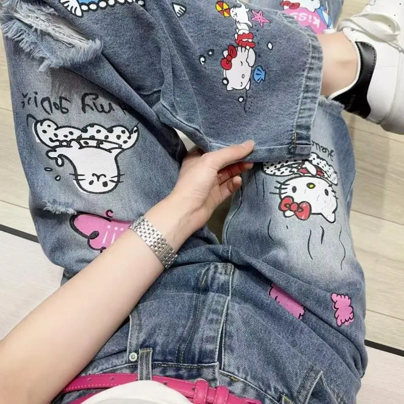 Джинсы Sanrio Hello Kitty Kawaii с героями мультфильмов, аниме, свободные тонкие драпированные прямые широкие брюки, мягкие удобные милые платья для девочек