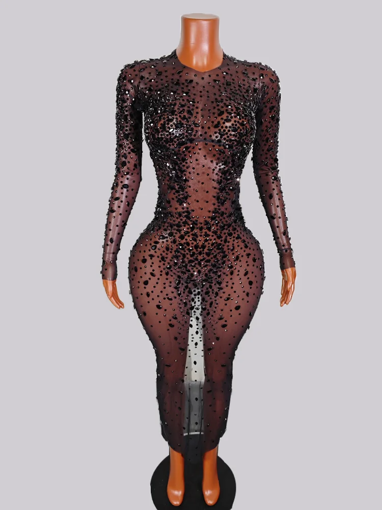

Luxury Black Rhinestones Long Sleeve Dresses Mesh Drag Queen Stage Performer Outfit Birthday Singer Show Evening GOGO Clothes