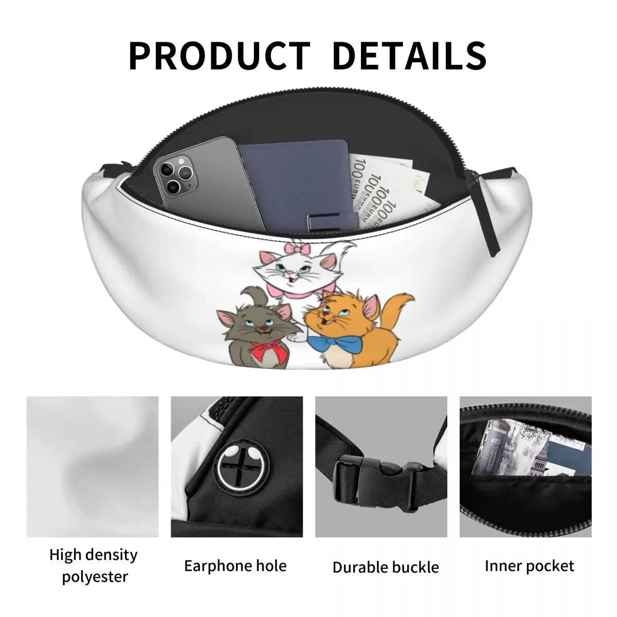 Custom Marie Cat Crossbody Fanny Pack para homens e mulheres, legal, desenhos animados, gatinho, saco de cintura para correr, bolsa de dinheiro