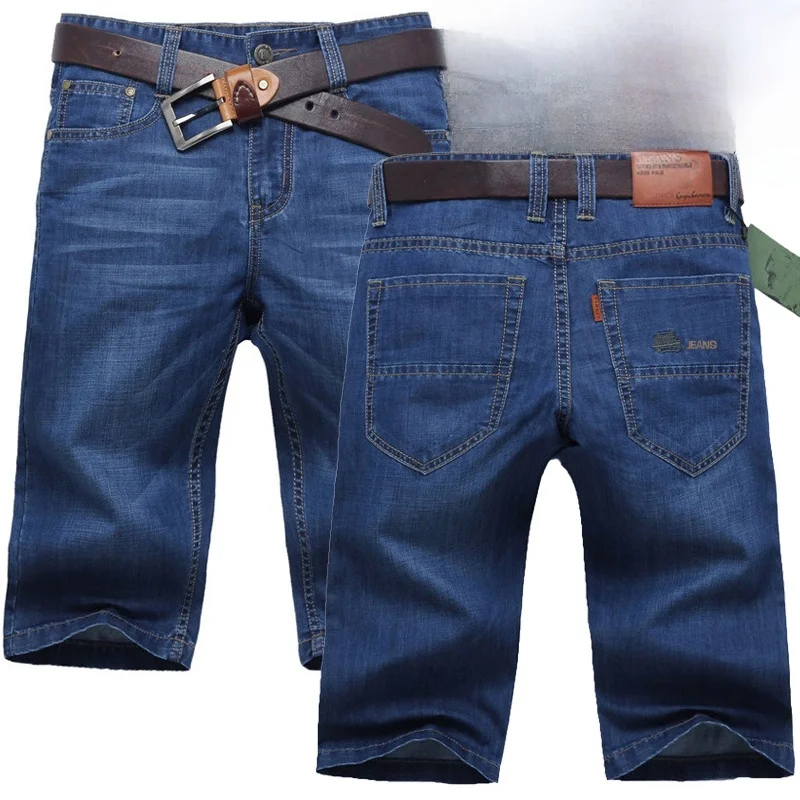 

Summer Thin Cotton Denim ort Pants Men's Busin Casual Loose Fit Five-Quarter Length Straight Leg Jeans