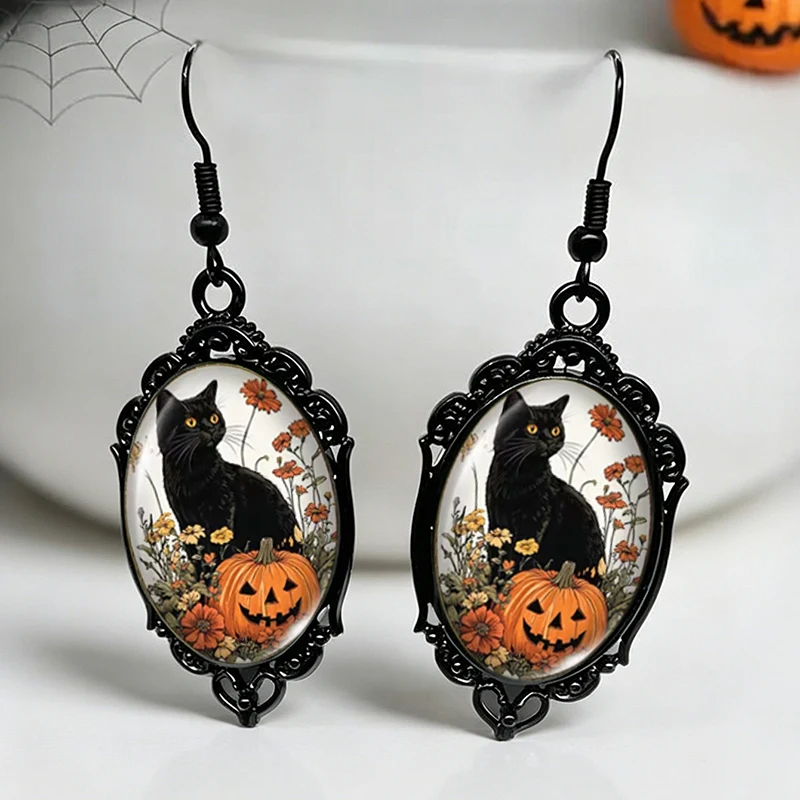 2026 New Halloween Pumpkin Black Cat Dangle Earring Black Lace Oval Earrings Handmade Glass Dome Jewelry Gifts